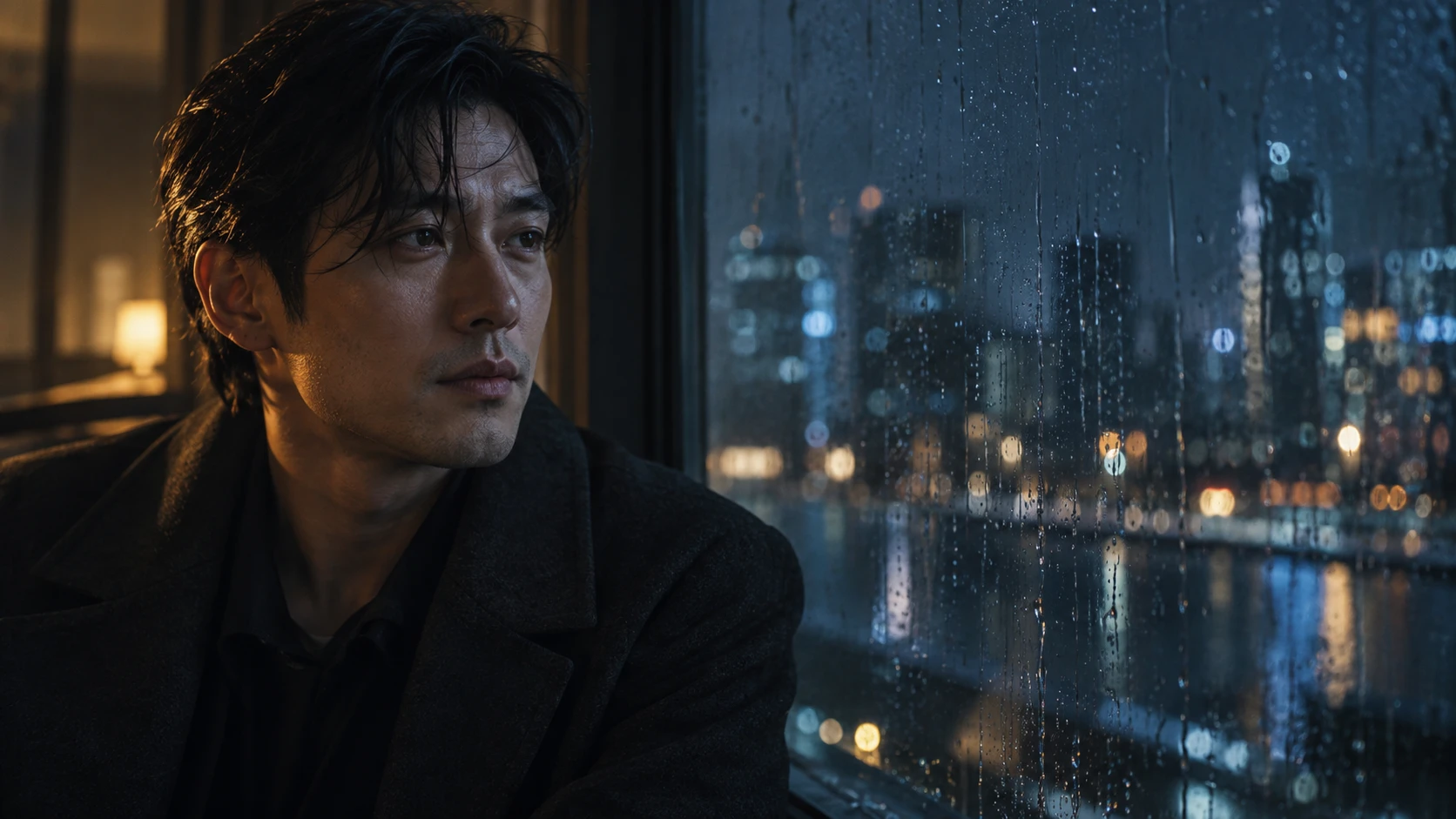 雨夜窗前的男性电影角色创作示意